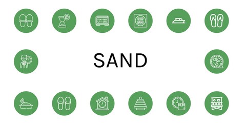 Set of sand icons such as Slippers, Hourglass, Digital clock, Yacht, Flip flops, Sandbox, Clock, Pyramid, Lifeguard tower , sand