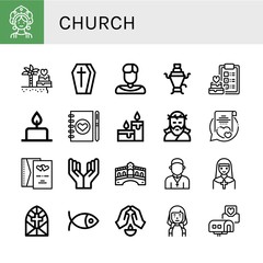 Set of church icons such as Kokoshnik, Wedding, Coffin, Priest, Samovar, Candle, Wedding planner, Candles, Jesus, Vows, Wedding invitation, Prayer, Rialto bridge, Nun , church