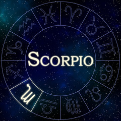 Enlightened symbol of the zodiac sign Scorpio in a wheel containing all the zodiac signs with stars and the universe in the background