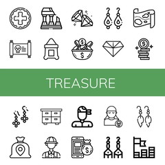 Set of treasure icons such as Coin, Treasure map, Ruined, Sack, Diamond, Earrings, Dollar coins, Money bag, Chest, Archaeologist, Pirate, Coins , treasure