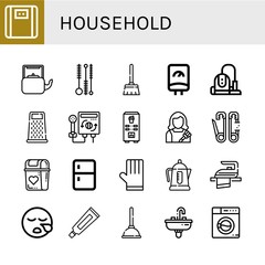 Set of household icons such as Bathroom scale, Kettle, Cleaning brush, Broom, Water heater, Vacuum cleaner, Grater, Heater, Coffee machine, Housekeeper, Safety pin , household