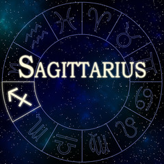 Enlightened symbol of the zodiac sign Sagittarius in a wheel containing all the zodiac signs with stars and the universe in the background