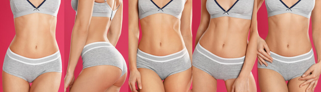 Collage of young woman in grey sportive underwear on pink background, closeup