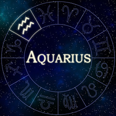Enlightened symbol of the zodiac sign Aquarius in a wheel containing all the zodiac signs with stars and the universe in the background