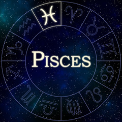 Enlightened symbol of the zodiac sign Pisces in a wheel containing all the zodiac signs with stars and the universe in the background