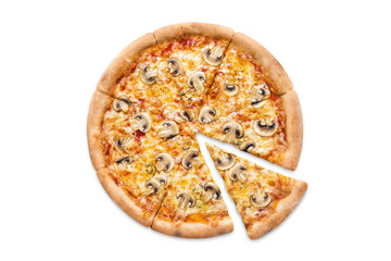 Delicious pizza with champignon mushrooms, tomato sauce and mozzarella, isolated on white background