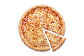 Delicious pizza Margherita (tomato sauce and mozzarella), isolated on white background