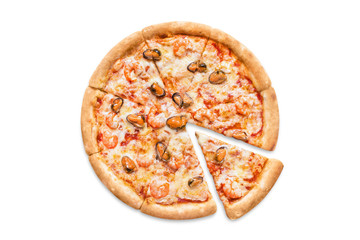 Delicious pizza with seafood (shrimps and oysters), isolated on white background