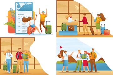 Set 2D Flat concepts tourists on vacation and at the airport. For Concept for web design