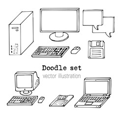 Set of sketch computers. Doodle pc, laptop,  floppy. Retro Computer icon in Hand-drawn style. Simple pancil Сartoon. Vector illustration. 