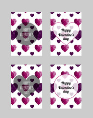 Set of Valentine's day card templates. Vector lovely postcard/banner with purple polygonal hearts on the white background and text. A4 standard scaled size