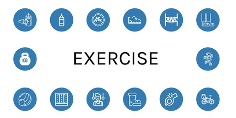 Set of exercise icons such as Punching bag, Bikes, Shoe, Rope park, Sneaker, Medicine ball, Swimming pool, Gymnast, Shoes, Whistle, Bicycle, Kettlebell, Ice skate , exercise