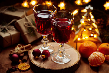 Close up of two glasses of hot tea on Christmas table