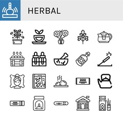 Set of herbal icons such as Massage, Herb, Herbal tea, Aromatic, Parsley, Teapot, Sauna, Essential oils, Mortar, Essential oil, Incense, Spa, Beauty, Lithotherapy, Mint , herbal