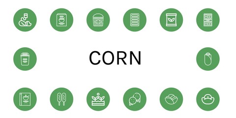 Set of corn icons such as Veterinary, Corn, Popcorn, Cucumber, Seed bag, Snack, Cereals, Corn dog, Crops, Arepas, Cabbage, Bean bag ,
