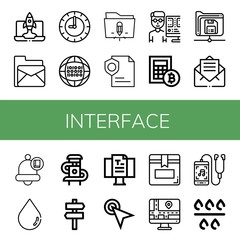 Set of interface icons such as Configuration, Email, Clock, Binary code, Folder, Page, Editor, Calculator, Save, Bell, Blur, Slider, Signaling, Blog, Cursor, Box, Navigator , interface