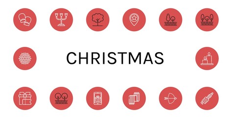 Set of christmas icons such as Mittens, Candle holder, Tree, Star, Gift, Scarf, Bow, Spark, Snowflake, Candles , christmas
