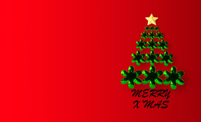 Green Merry Christmas and happy new year tree pine with golden star on red background for holiday decoration card design.