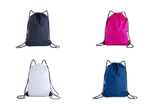 Set of drawstring packs template, bag for sport shoes isolated on white classic blue, pink, white and black color.