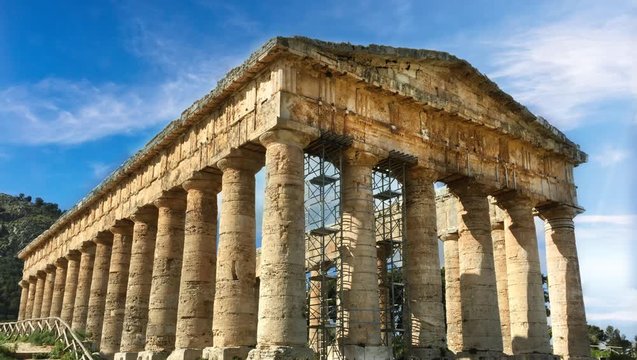 Doric greek temple in Segesta, Trapani, Sicily, Italy. Time lapse effect 4K.
