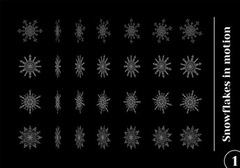 Set of drawn snowflake silhouettes in motion