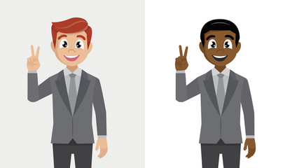 businessman in suit shows sign of victory on his fingers.