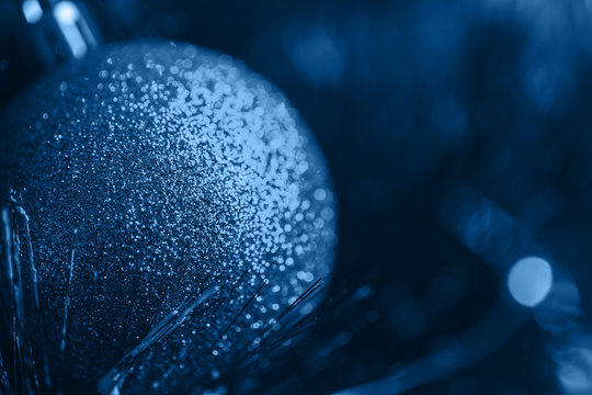 Macro photo of blue christmas ball, New year, 2020