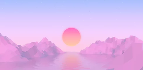Poster Im Rahmen Abstrakte Vaporwave-Landschaft mit aufgehender Sonne über rosa Bergen und Meer auf ruhigem rosa und blauem Hintergrund © swillklitch