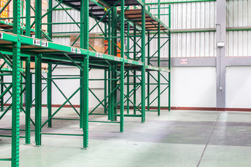 The rows of shelves with boxes in warehouse.