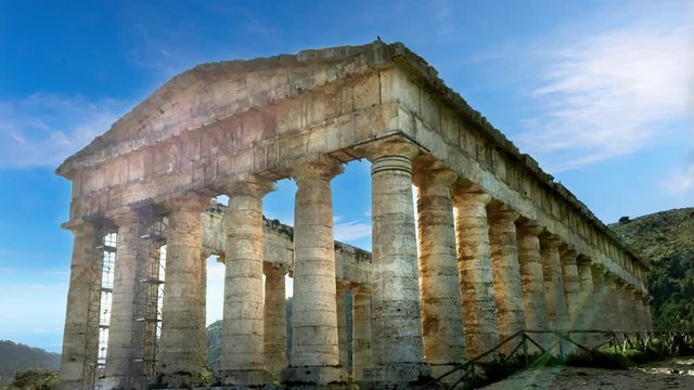 Doric greek temple in Segesta, Trapani, Sicily, Italy. Time lapse effect 4K.