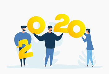 Business goals, strategy and future achievement plan for 2020 new year. Vector flat cartoon illustration of businessman. Web landing page, banner design template.
