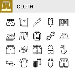 Set of cloth icons such as Short, Shorts, Beach towel, Silkworm, Swimsuit, Laundry, Iron, Sweatshirt, Bow tie, Washing, Clothes, Jeans, Visor, Blouse, Scarf , cloth