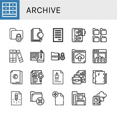Set of archive icons such as Drawer, Folder, File, Cabinet, Folders, Files, Portfolio, Document, Dossier, Page, Floppy disk , archive