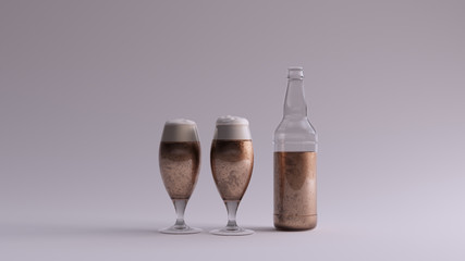 Bronze Beer Ale in Two Glasses with a Foam Heads and Beer Bottle 3d illustration 3d render