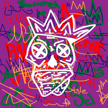 Abstract skull with crown on the background inscriptions hand drawn. Doodle, sketch, scribble. Style vector illustration.