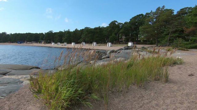 Old-fashioned vintage beach changing clothes cabins in Hanko, southern Finland.