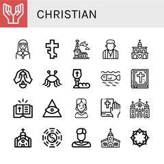 Set of christian icons such as Prayer, Nun, Orthodox cross, Church, Pastor, Pastafarianism, Communion, Dead, Bible, God, Gothic, Taoism, Priest, Crown of thorns , christian