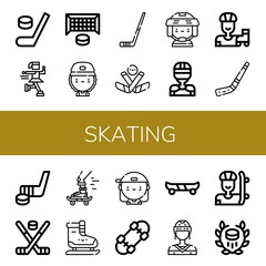 Set of skating icons such as Hockey, Ice skate, Hockey goal, Skater, Hockey stick, Ice player, Roller skate, Skateboard, Ice skating, Skate board , skating