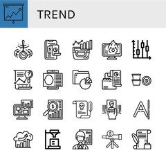 Set of trend icons such as Analysis, Hypnosis, Data loss, Candlestick, Contact card, Coffee capsule, Market analysis, Letter, Business card, Analyst , trend