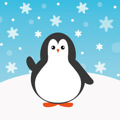 Cute happy cartoon penguin greeting card for Merry Christmas and New Year’s celebration under snowflakes and snow vector illustration.