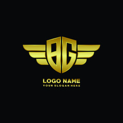 initial letter BG shield logo with wing vector illustration, gold color