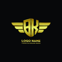 initial letter BK shield logo with wing vector illustration, gold color