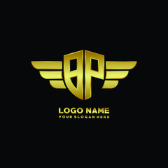 initial letter BP shield logo with wing vector illustration, gold color