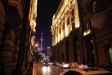 Fototapeta premium Pudong night view from the Bund in Shanghai, China