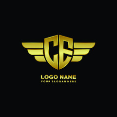 initial letter CE shield logo with wing vector illustration, gold color