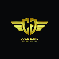 initial letter CJ shield logo with wing vector illustration, gold color