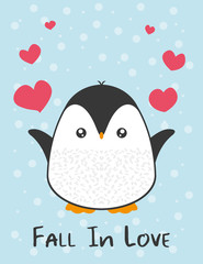 Cute cartoon penguin greeting card for Merry Christmas and New Year’s celebration under snow with hearts and love vector illustration.