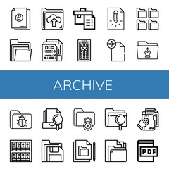 Set of archive icons such as Document, Folders, Folder, Portfolio, App drawer, Page, File, Binders, Archive, Floppy disk, Pdf file , archive