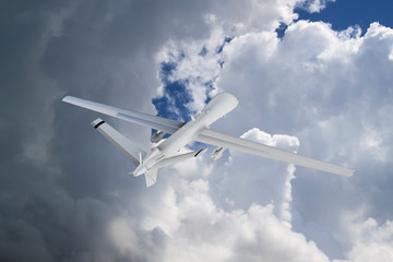 military RC military drone flies flies against backdrop of beautiful ominous clouds on blue sky background