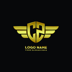 initial letter CZ shield logo with wing vector illustration, gold color